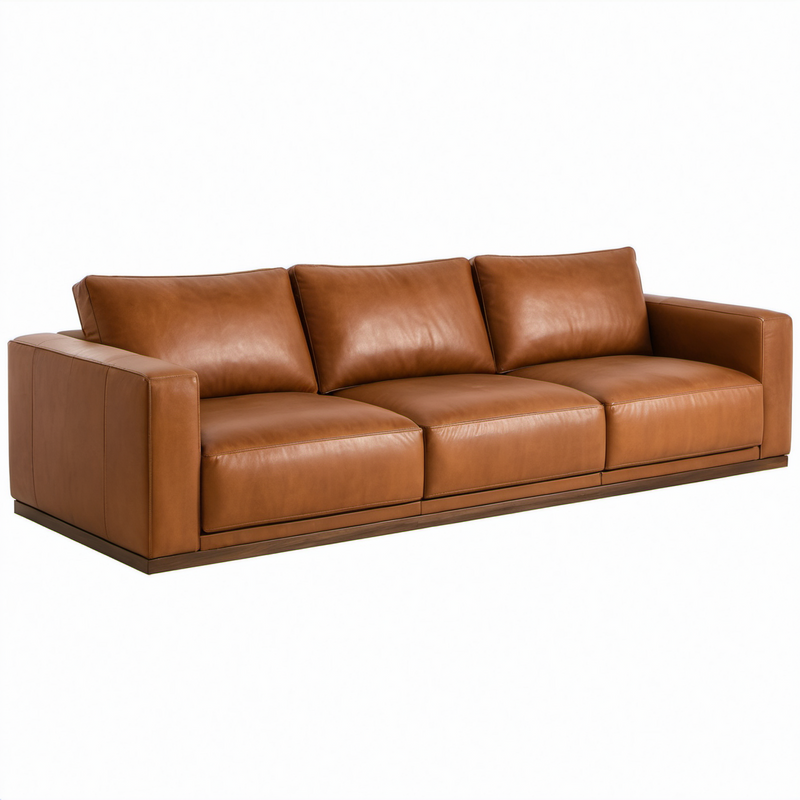 Sofá de cuero marrón con base de madera