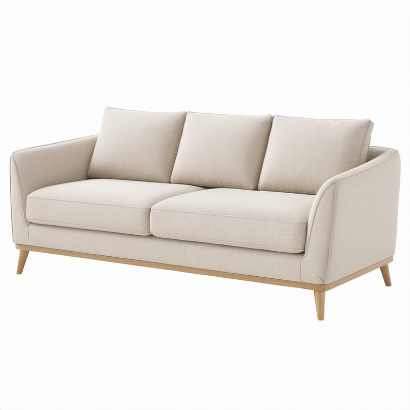 Sofá de tres plazas en madera y tela beige 200x85x90 cm