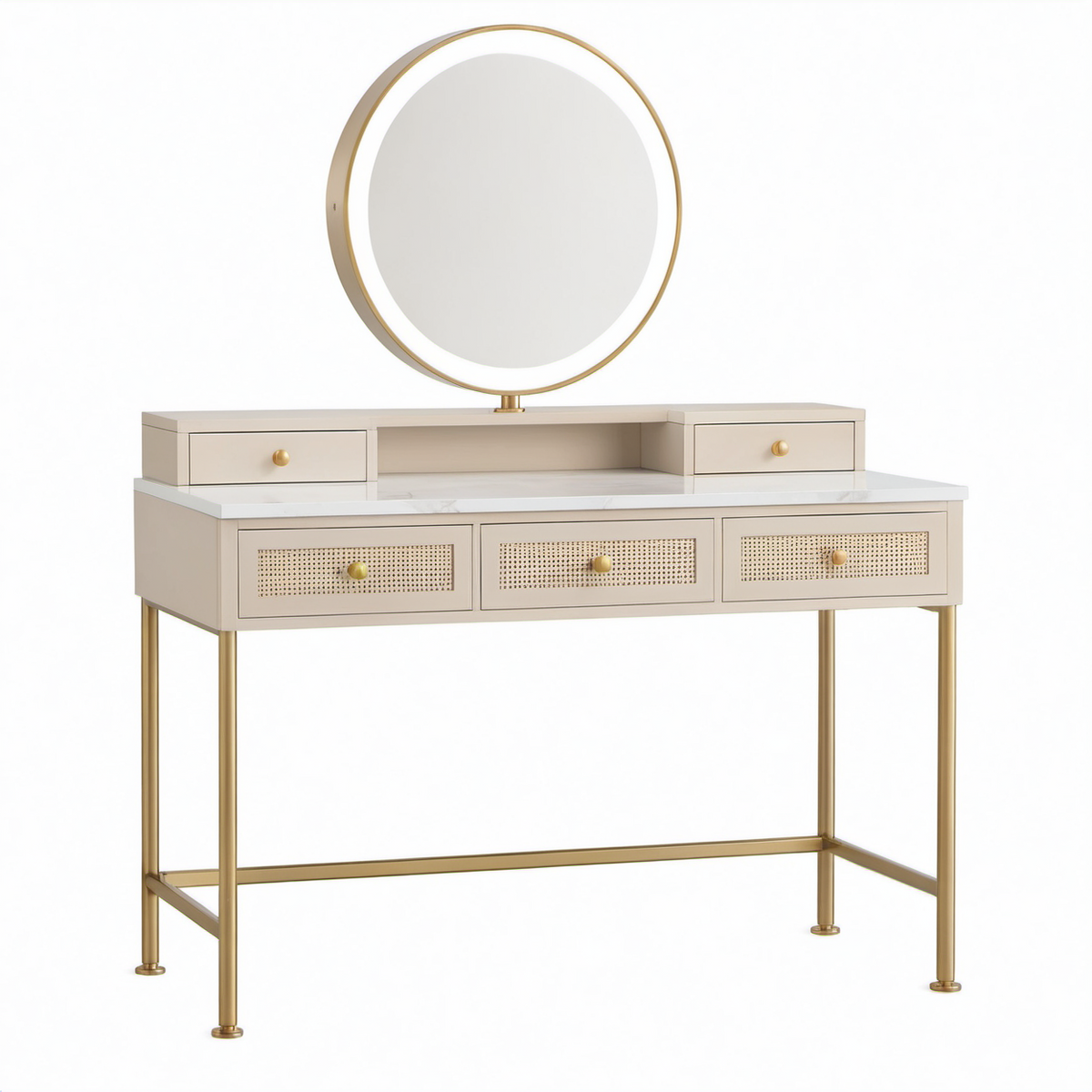 Tocador de madera con espejo redondo y mármol, estructura metálica, beige