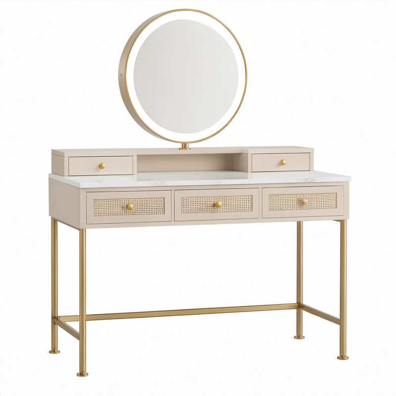 Tocador de madera con espejo redondo y mármol, estructura metálica, beige