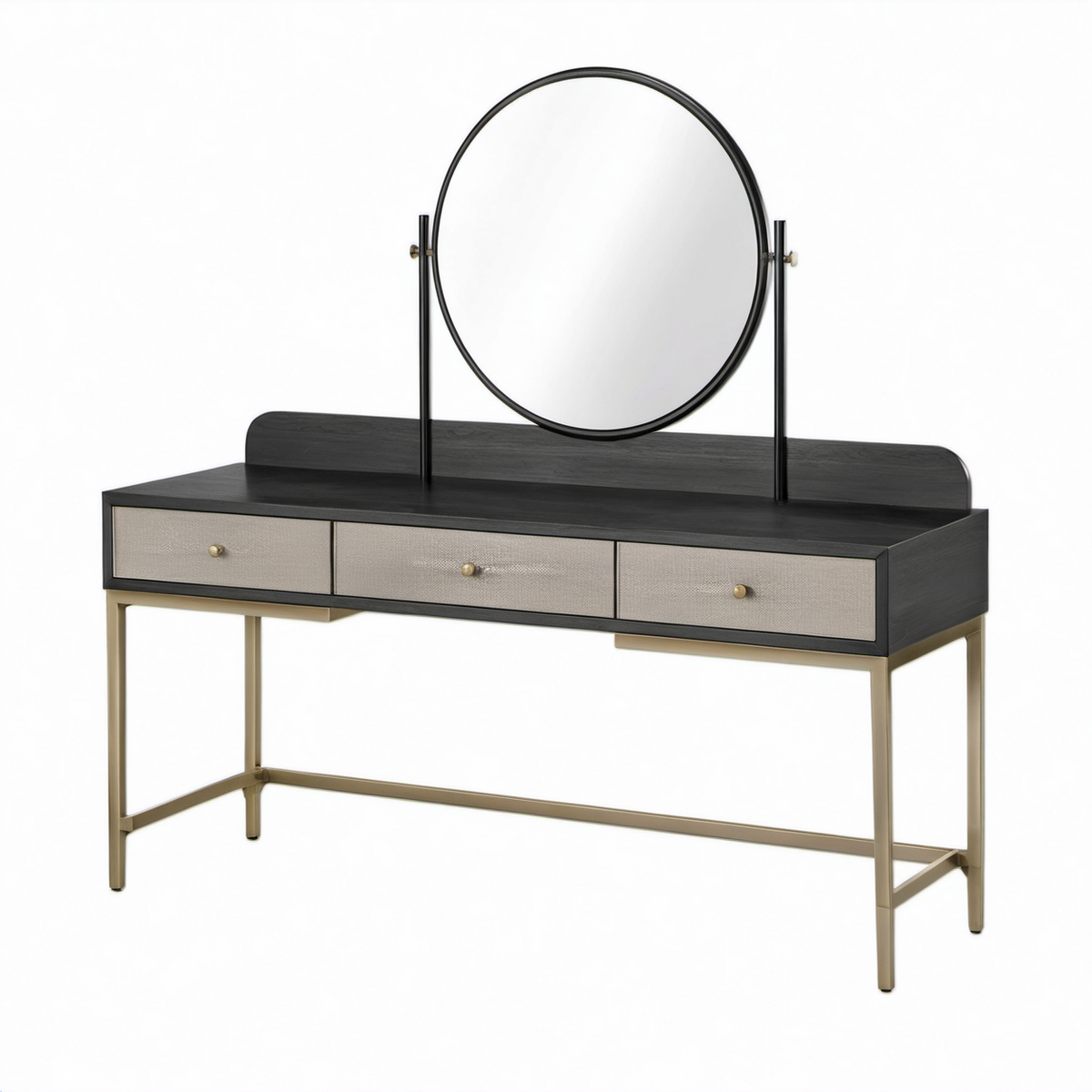 Tocador de madera y metal con espejo circular 120x45x140 cm