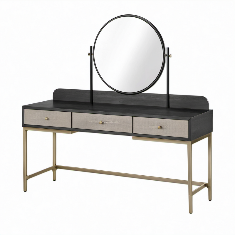 Tocador de madera y metal con espejo circular 120x45x140 cm