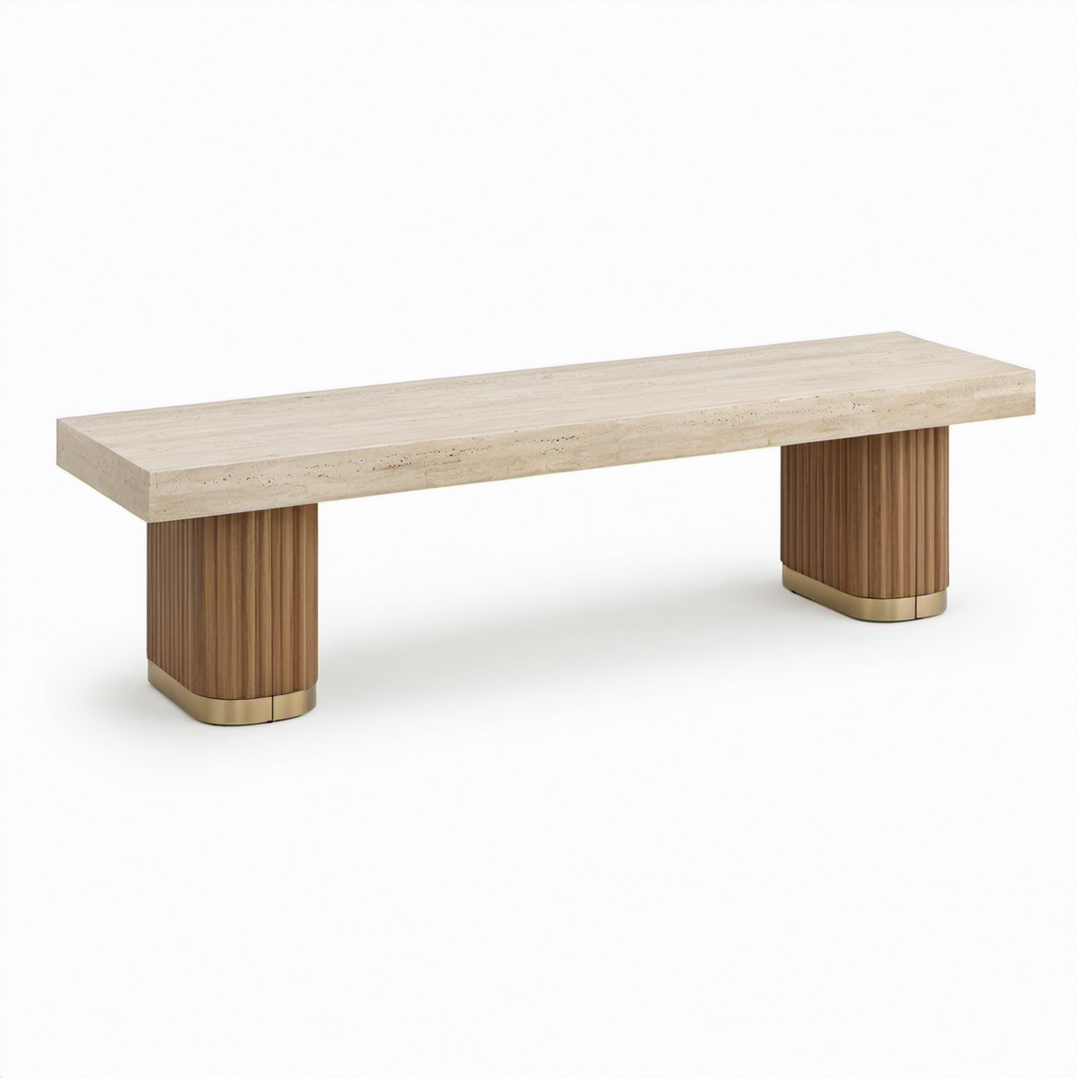 Banco de travertino y madera con detalles metálicos 200x40x45 cm beige