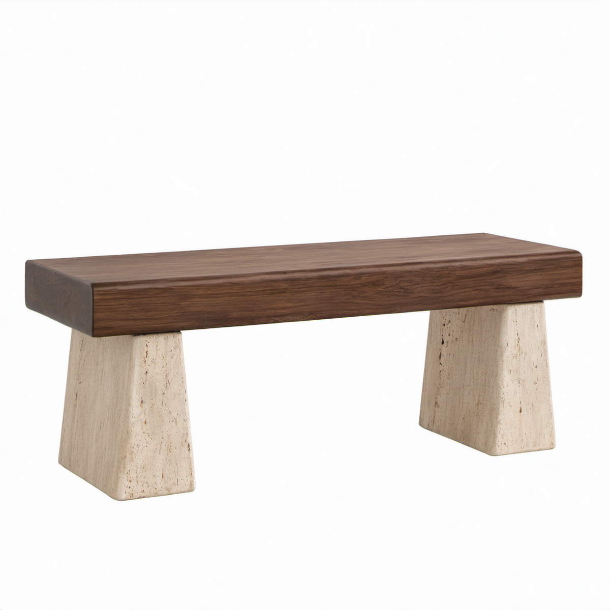 Banco de madera de nogal y piedra travertino 120x40x45 cm marrón/beige