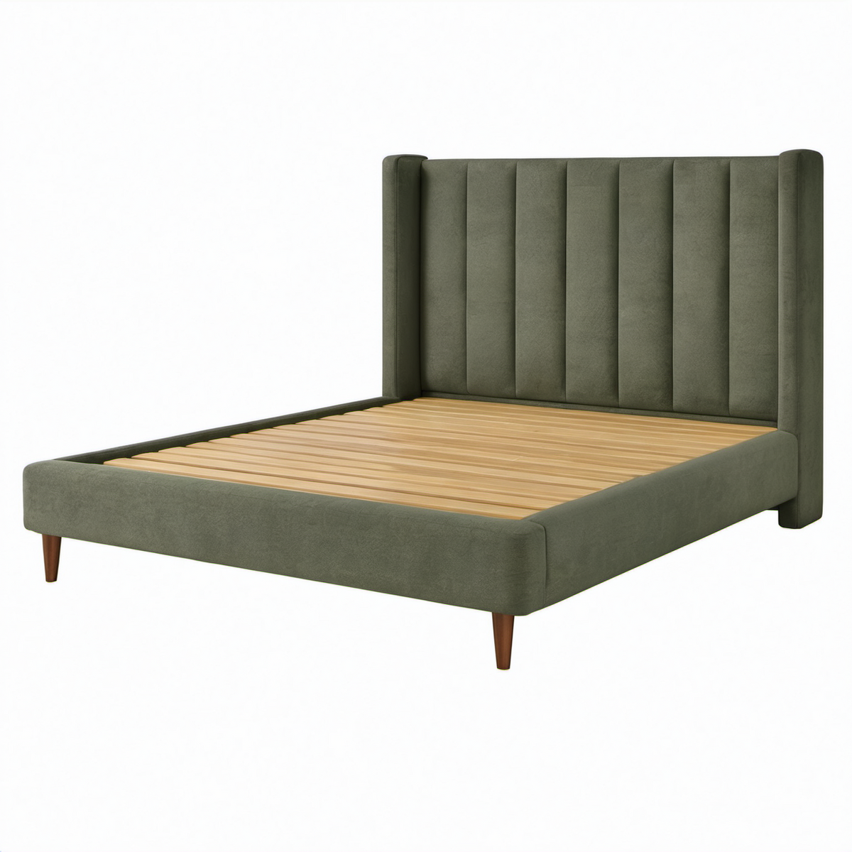 Cama doble de tela verde con estructura de madera 200x160 cm