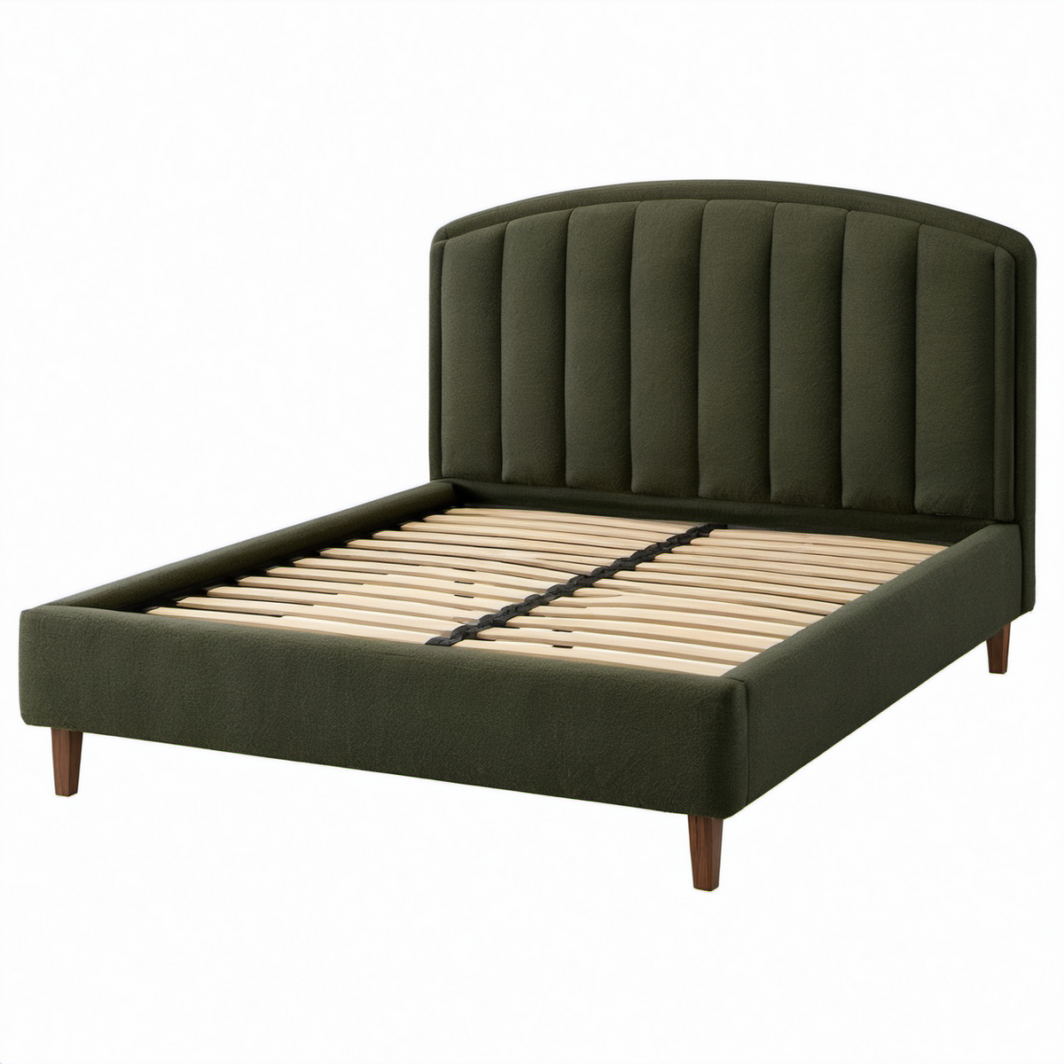 Cama doble de madera y poliéster verde con cabecero arqueado