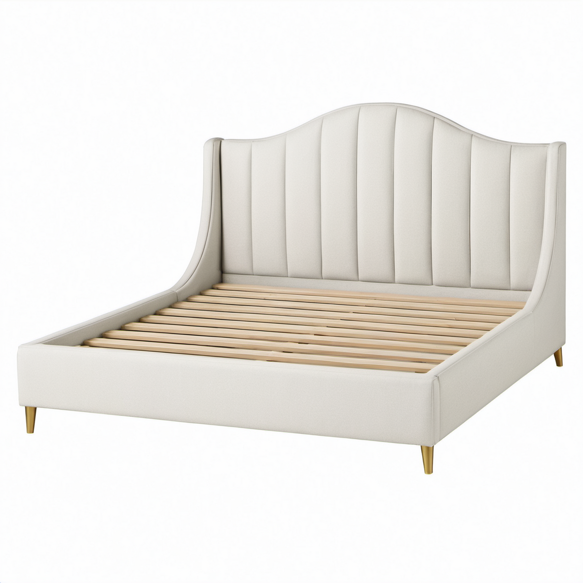 Cama doble tapizada en terciopelo crema con cabecero curvado