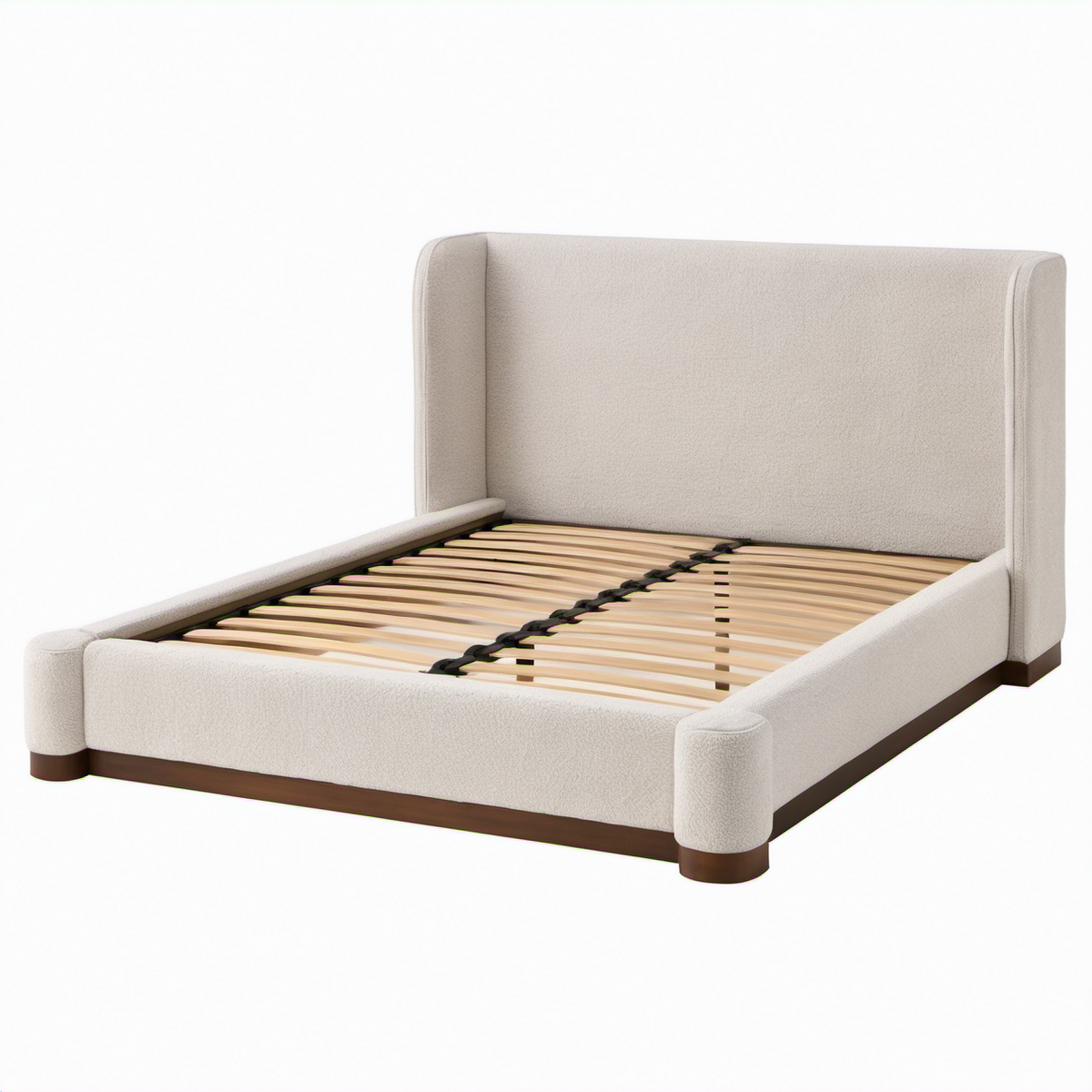 Cama doble de madera y tela beige con cabecero alto