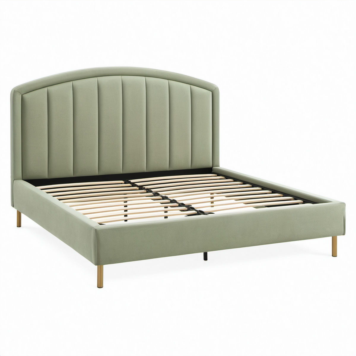 Cama doble de terciopelo verde con patas metálicas 200x160 cm