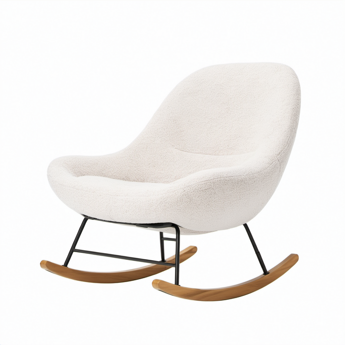 Mecedora de Tela Bouclé con Estructura de Metal y Base de Madera, Color Crema