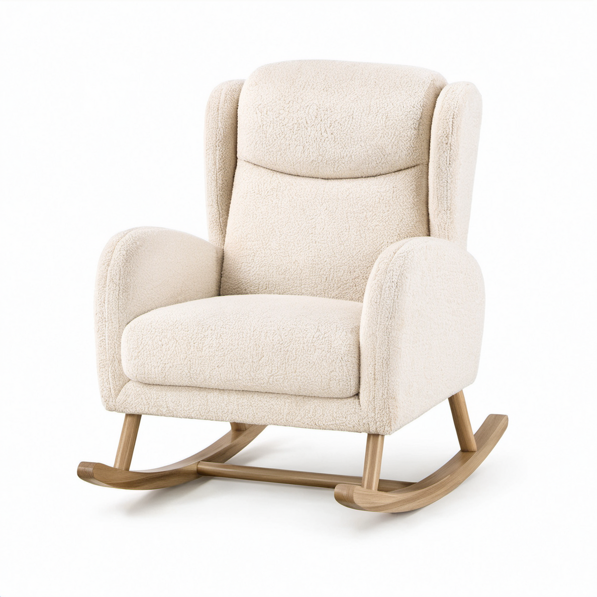 Mecedora de madera con tapizado bouclé beige