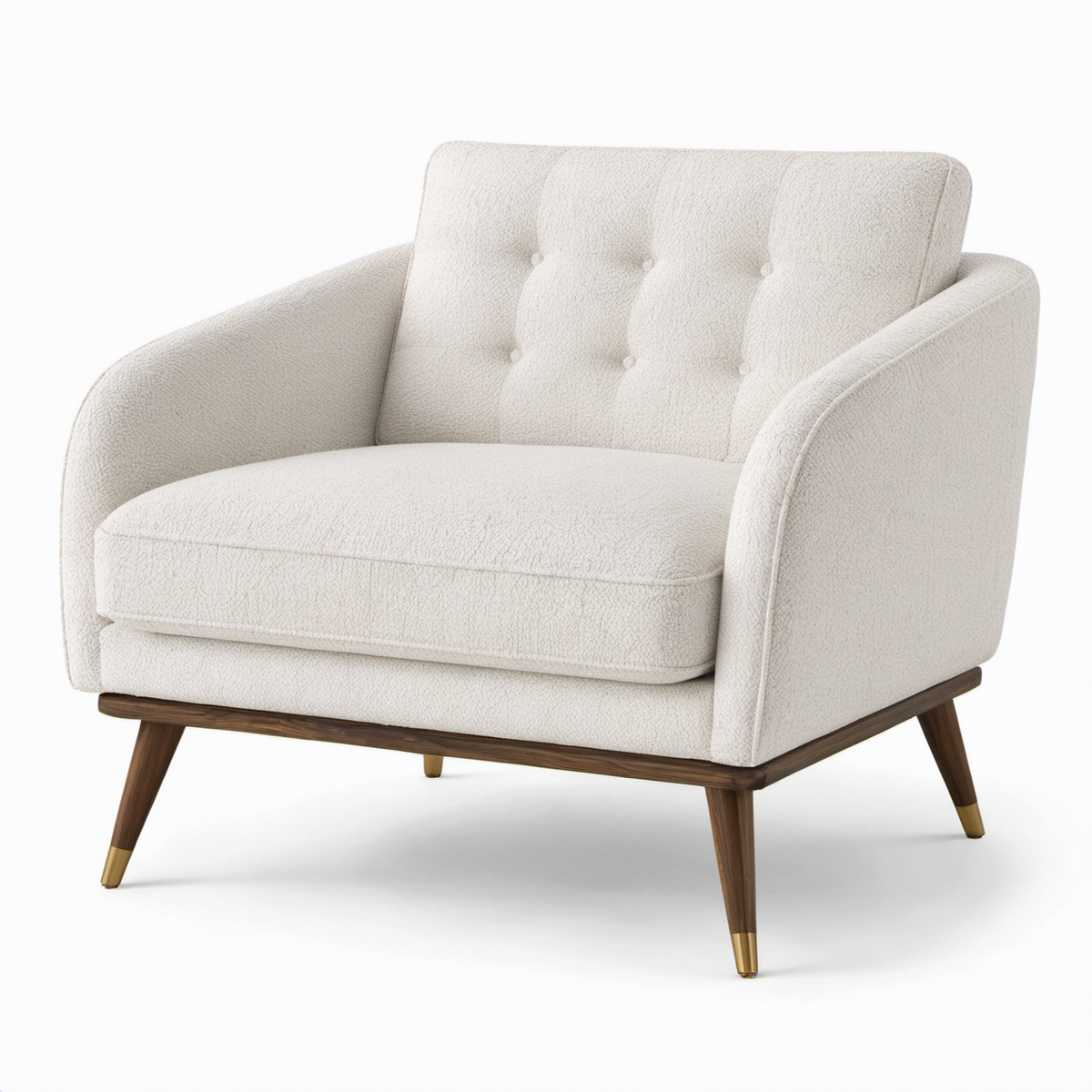 Sillón de Tela Bouclé Crema con Patas de Madera de Nogal