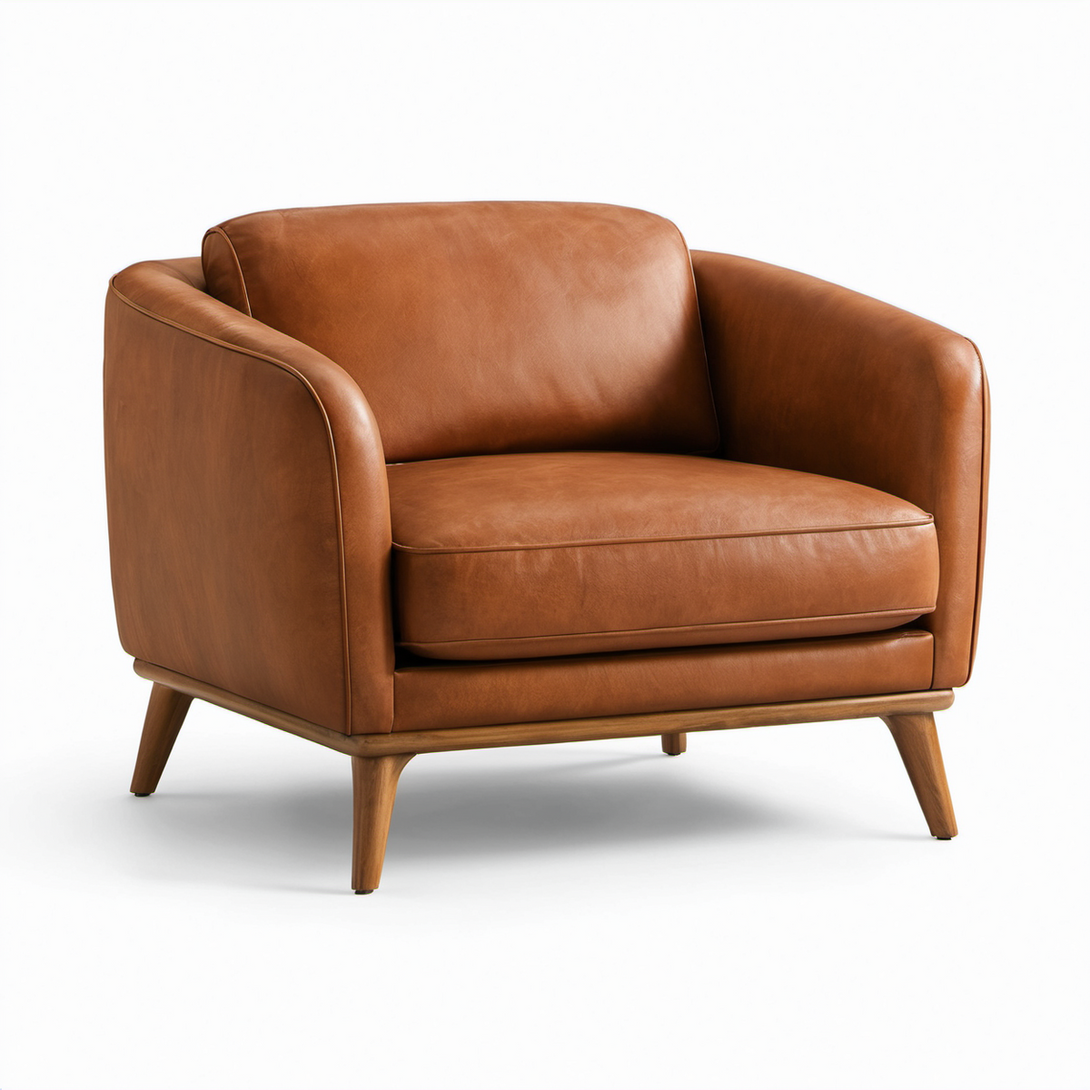 Sillón de cuero marrón con patas de madera