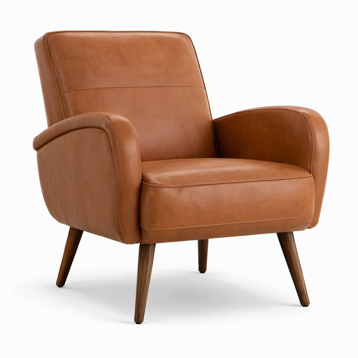 Sillón de piel sintética marrón con patas de madera