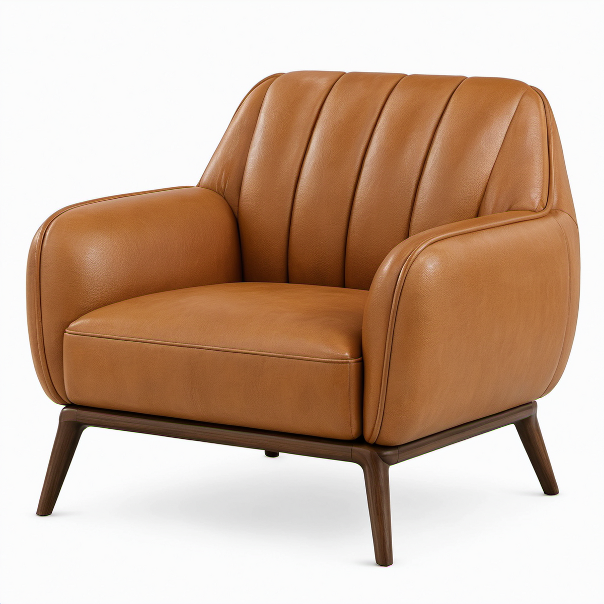 Sillón de cuero sintético marrón con estructura de madera maciza