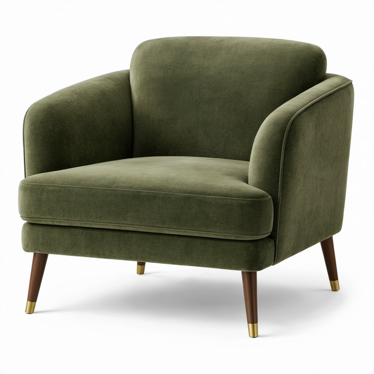 Sillón de terciopelo verde con patas de madera y acabado de latón